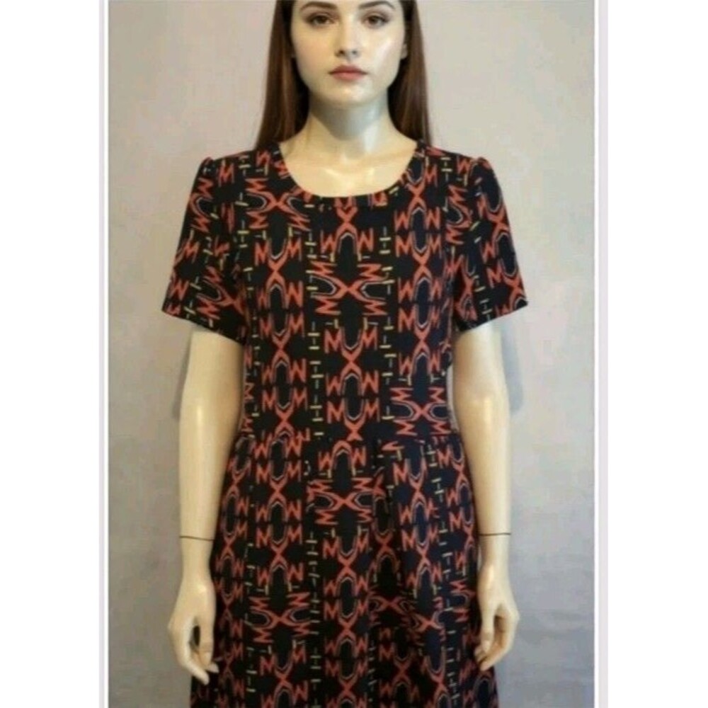Lularoe Dress Amelia Large Pattern Black Orange Yellow Blue Fit & Flare Pockets